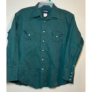 Wrangler Brushpopper Pearl Snap Shirt 18x35 Green Western Canvas Cowboy Heavy